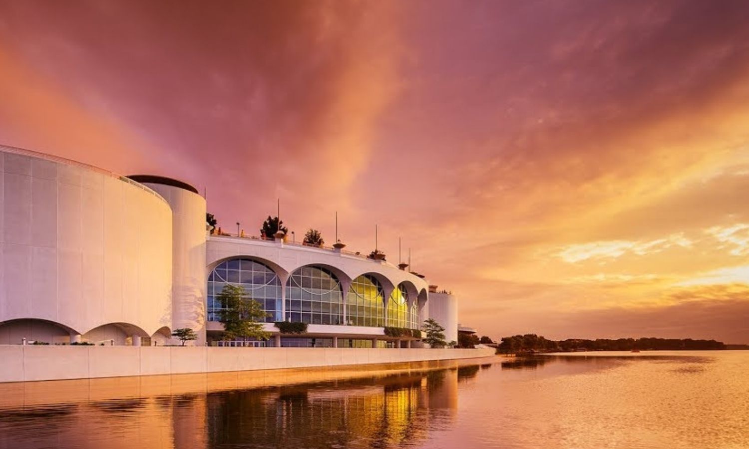 Monona Terrance building in Madison at sunset