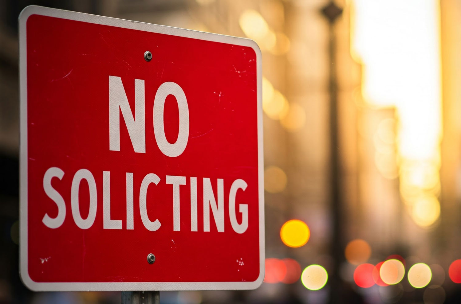 Up close red no soliciting sign