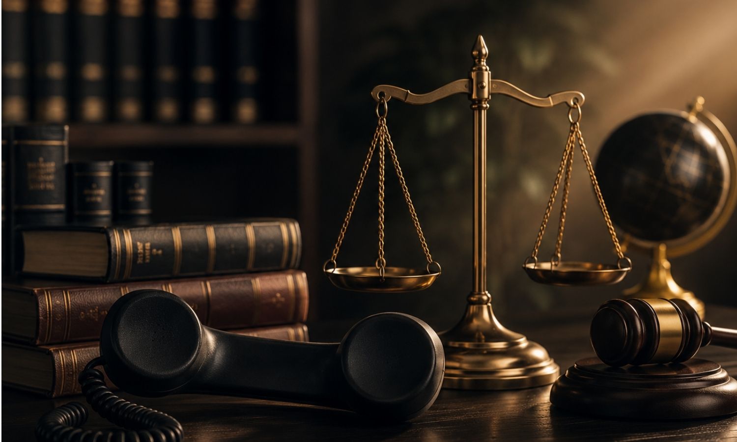Legal scales and telephone sitting on desk by books